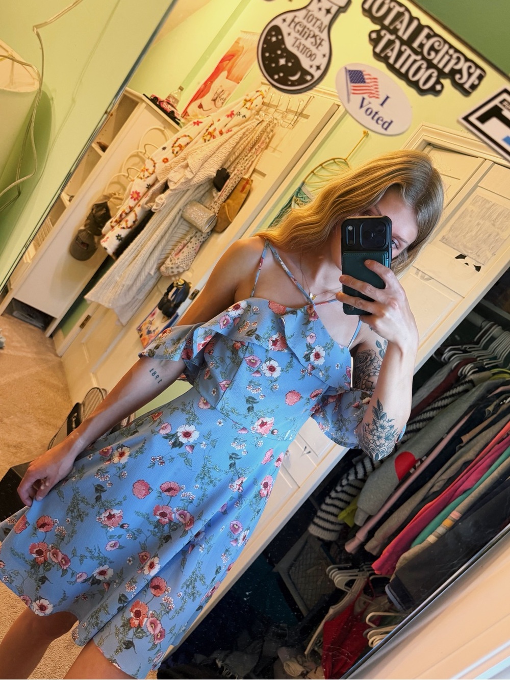miami Light Blue Floral Cold-Shoulder Mini Dress